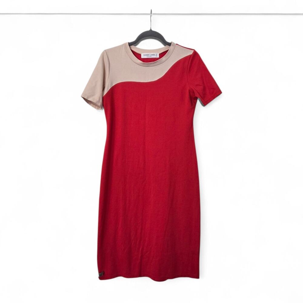 Sonnet James Red Orange Colorblock Ponte Knit Knee Length Shift Dress Size Small